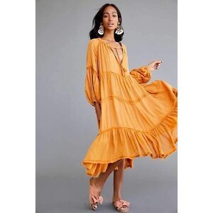 Free People In the Moment Dress M Mustard Yellow Oversized Tiered Boho Shift
